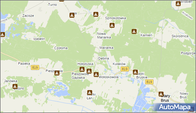 mapa Dębina gmina Stary Brus, Dębina gmina Stary Brus na mapie Targeo