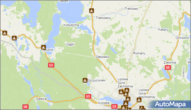 mapa Dębówko gmina Szczytno, Dębówko gmina Szczytno na mapie Targeo