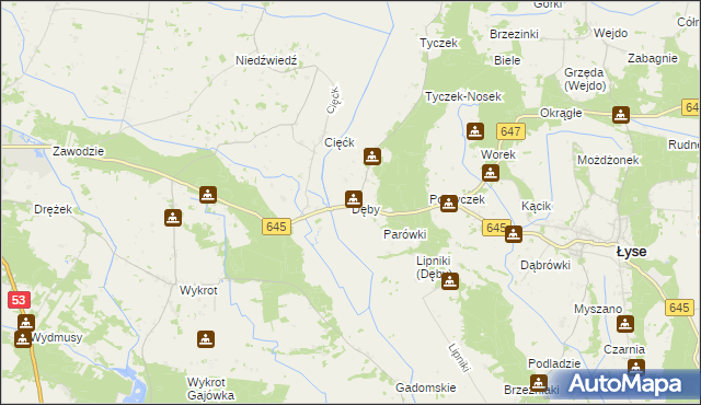 mapa Dęby gmina Łyse, Dęby gmina Łyse na mapie Targeo