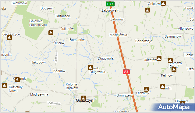 mapa Długowola gmina Goszczyn, Długowola gmina Goszczyn na mapie Targeo