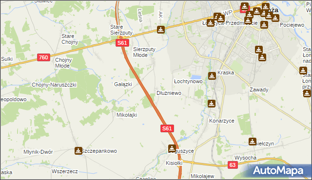 mapa Dłużniewo gmina Łomża, Dłużniewo gmina Łomża na mapie Targeo