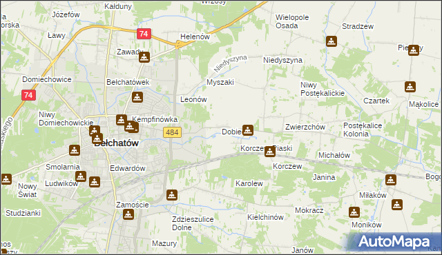 mapa Dobiecin gmina Bełchatów, Dobiecin gmina Bełchatów na mapie Targeo