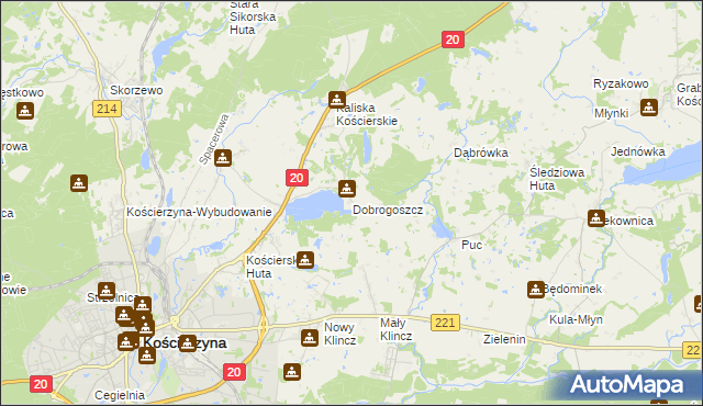 mapa Dobrogoszcz gmina Kościerzyna, Dobrogoszcz gmina Kościerzyna na mapie Targeo