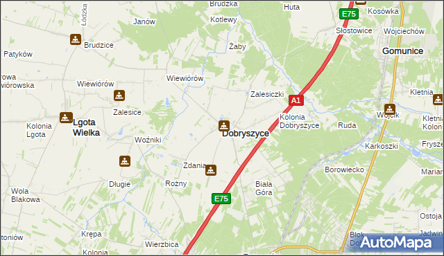 mapa Dobryszyce, Dobryszyce na mapie Targeo