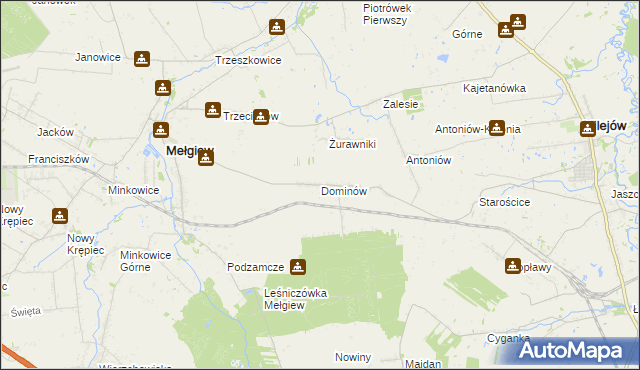 mapa Dominów gmina Mełgiew, Dominów gmina Mełgiew na mapie Targeo