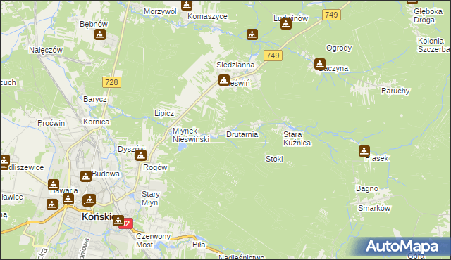 mapa Drutarnia gmina Końskie, Drutarnia gmina Końskie na mapie Targeo