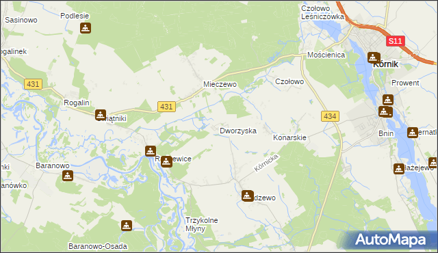 mapa Dworzyska gmina Kórnik, Dworzyska gmina Kórnik na mapie Targeo