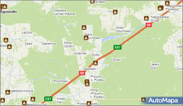 mapa Dybki gmina Ostrów Mazowiecka, Dybki gmina Ostrów Mazowiecka na mapie Targeo