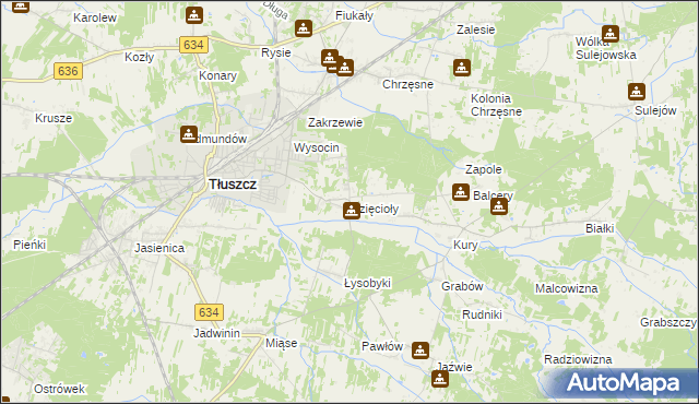 mapa Dzięcioły gmina Tłuszcz, Dzięcioły gmina Tłuszcz na mapie Targeo