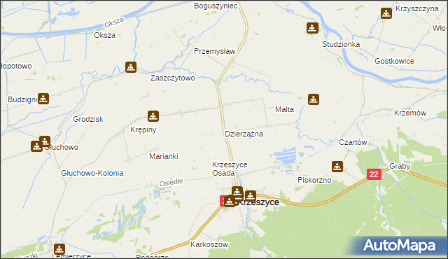 mapa Dzierzążna gmina Krzeszyce, Dzierzążna gmina Krzeszyce na mapie Targeo