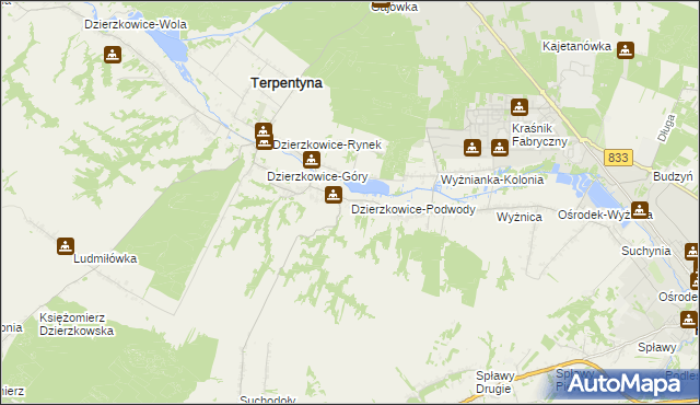 mapa Dzierzkowice-Podwody, Dzierzkowice-Podwody na mapie Targeo