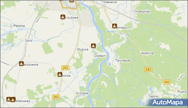 mapa Dziewin gmina Ścinawa, Dziewin gmina Ścinawa na mapie Targeo