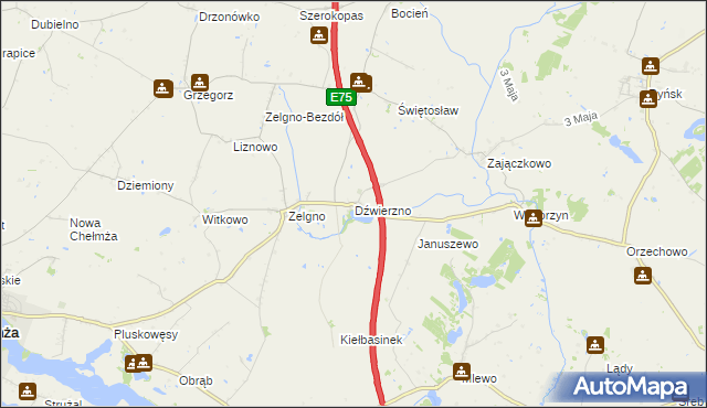 mapa Dźwierzno gmina Chełmża, Dźwierzno gmina Chełmża na mapie Targeo
