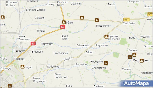 mapa Dźwierzno gmina Radzanowo, Dźwierzno gmina Radzanowo na mapie Targeo