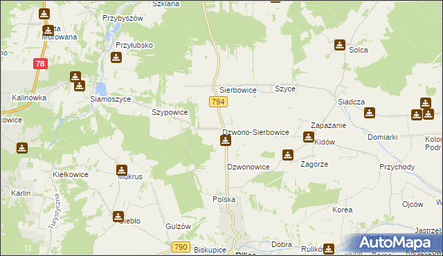 mapa Dzwono-Sierbowice, Dzwono-Sierbowice na mapie Targeo