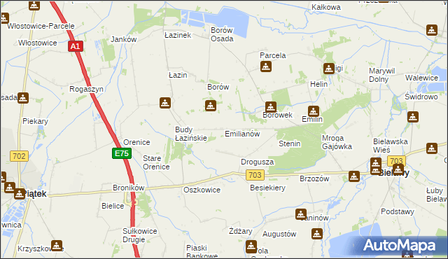 mapa Emilianów gmina Bielawy, Emilianów gmina Bielawy na mapie Targeo