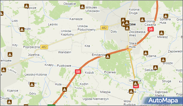 mapa Emilianów gmina Złoczew, Emilianów gmina Złoczew na mapie Targeo