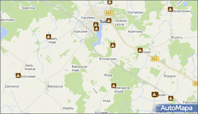 mapa Emilianowo gmina Susz, Emilianowo gmina Susz na mapie Targeo