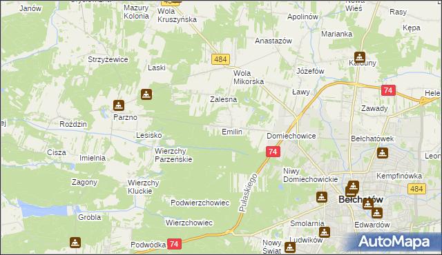 mapa Emilin gmina Bełchatów, Emilin gmina Bełchatów na mapie Targeo