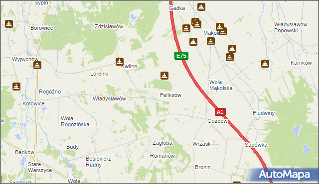 mapa Feliksów gmina Głowno, Feliksów gmina Głowno na mapie Targeo