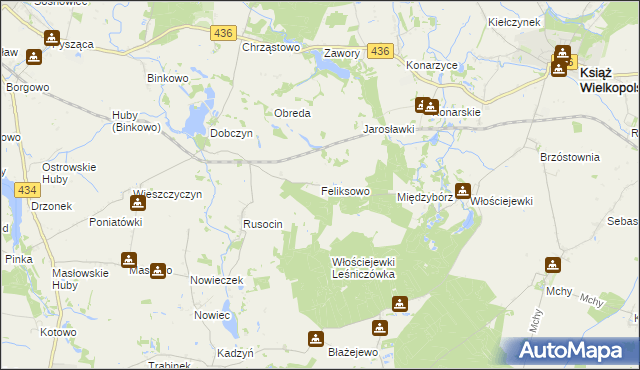 mapa Feliksowo gmina Książ Wielkopolski, Feliksowo gmina Książ Wielkopolski na mapie Targeo