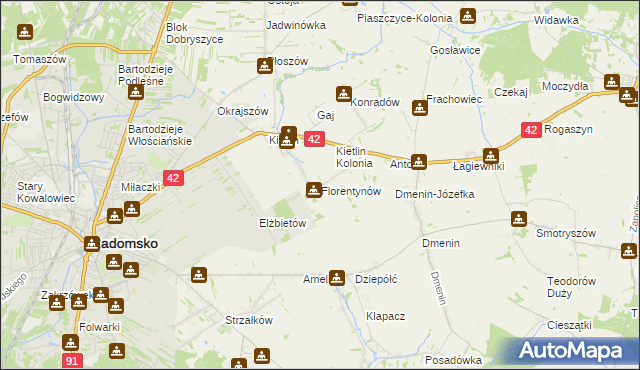 mapa Florentynów gmina Kodrąb, Florentynów gmina Kodrąb na mapie Targeo