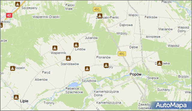 mapa Florianów gmina Popów, Florianów gmina Popów na mapie Targeo