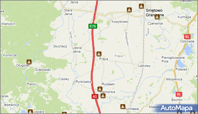 mapa Frąca gmina Smętowo Graniczne, Frąca gmina Smętowo Graniczne na mapie Targeo