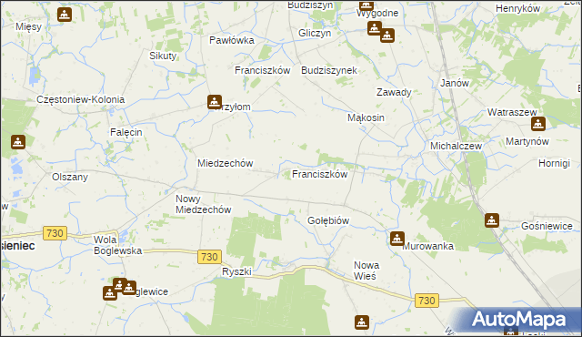 mapa Franciszków gmina Jasieniec, Franciszków gmina Jasieniec na mapie Targeo