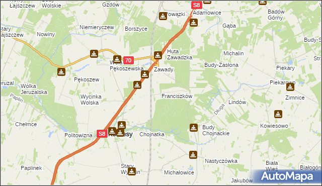 mapa Franciszków gmina Kowiesy, Franciszków gmina Kowiesy na mapie Targeo