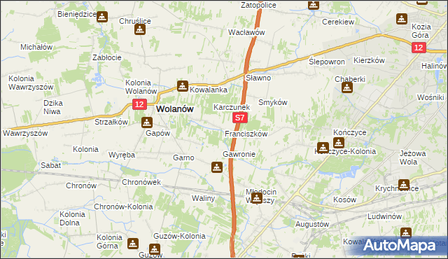 mapa Franciszków gmina Wolanów, Franciszków gmina Wolanów na mapie Targeo