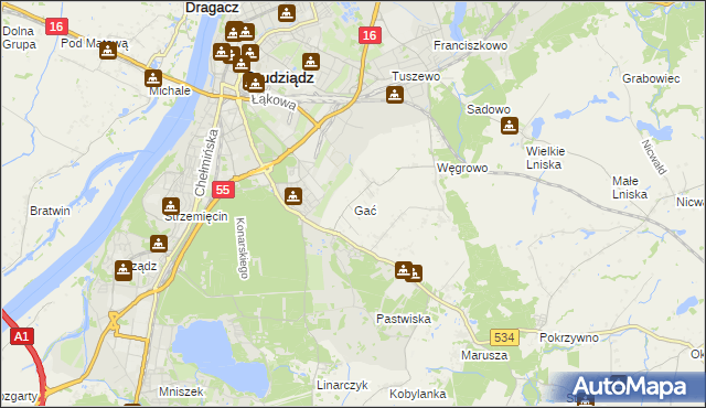 mapa Gać gmina Grudziądz, Gać gmina Grudziądz na mapie Targeo