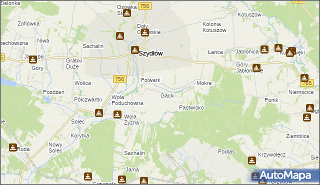 mapa Gacki gmina Szydłów, Gacki gmina Szydłów na mapie Targeo