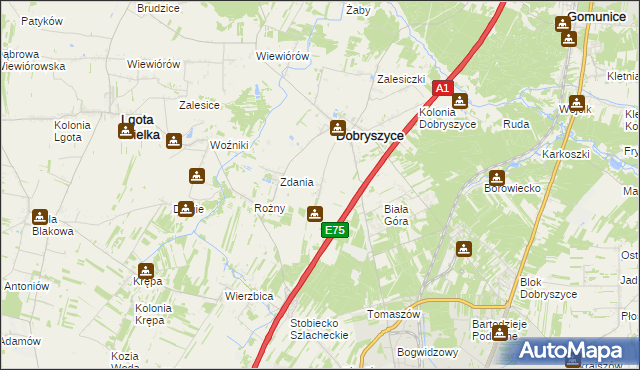 mapa Galonki gmina Dobryszyce, Galonki gmina Dobryszyce na mapie Targeo