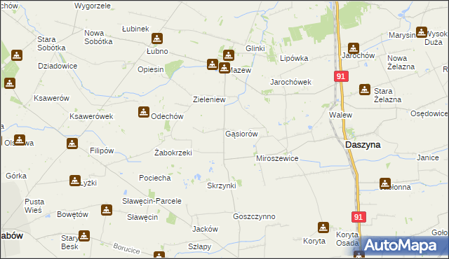 mapa Gąsiorów gmina Daszyna, Gąsiorów gmina Daszyna na mapie Targeo