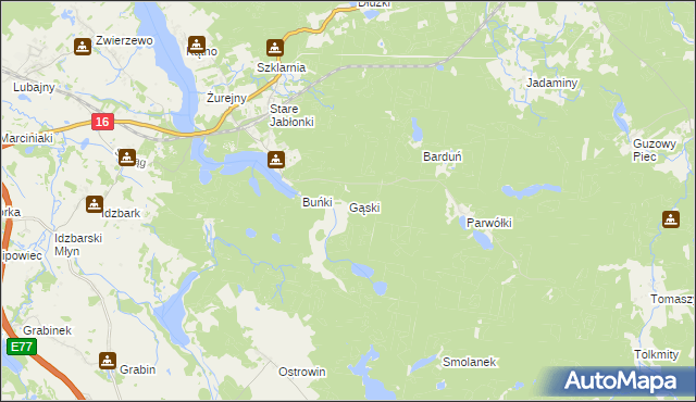 mapa Gąski gmina Ostróda, Gąski gmina Ostróda na mapie Targeo