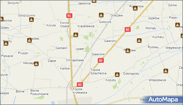 mapa Gawronki gmina Łęczyca, Gawronki gmina Łęczyca na mapie Targeo