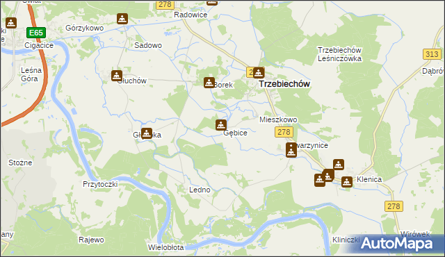 mapa Gębice gmina Trzebiechów, Gębice gmina Trzebiechów na mapie Targeo