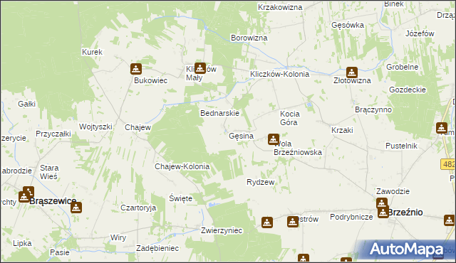 mapa Gęsina gmina Brzeźnio, Gęsina gmina Brzeźnio na mapie Targeo