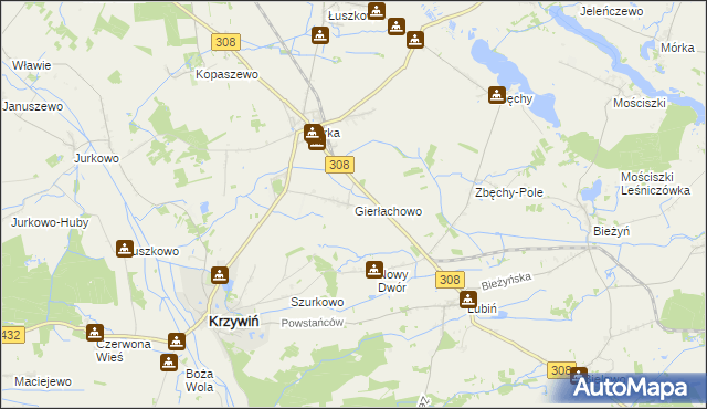 mapa Gierłachowo gmina Krzywiń, Gierłachowo gmina Krzywiń na mapie Targeo