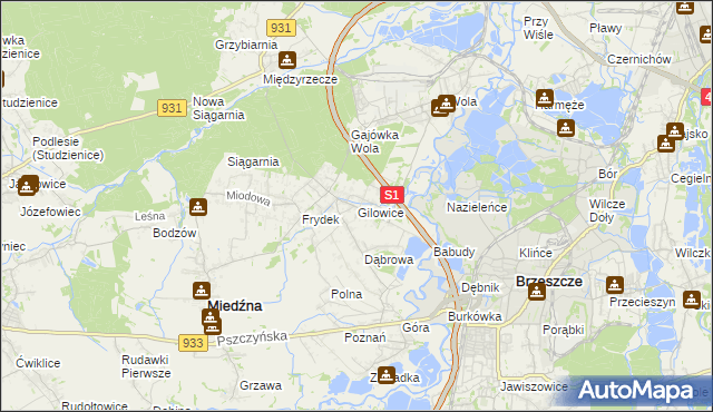 mapa Gilowice gmina Miedźna, Gilowice gmina Miedźna na mapie Targeo