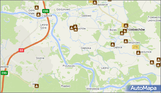 mapa Głęboka gmina Trzebiechów, Głęboka gmina Trzebiechów na mapie Targeo