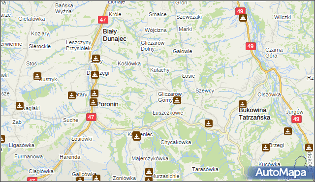 mapa Gliczarów Górny, Gliczarów Górny na mapie Targeo