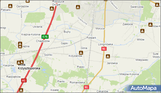 mapa Glina gmina Wola Krzysztoporska, Glina gmina Wola Krzysztoporska na mapie Targeo