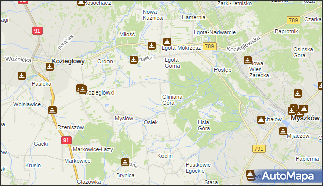 mapa Gliniana Góra gmina Koziegłowy, Gliniana Góra gmina Koziegłowy na mapie Targeo