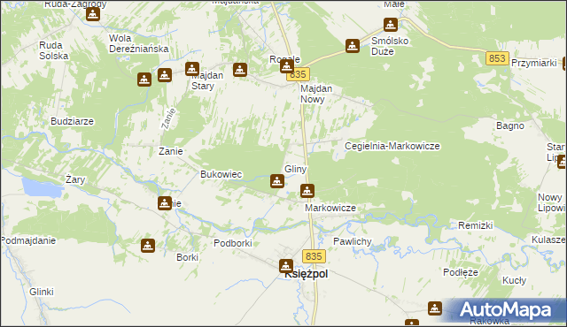 mapa Gliny gmina Księżpol, Gliny gmina Księżpol na mapie Targeo