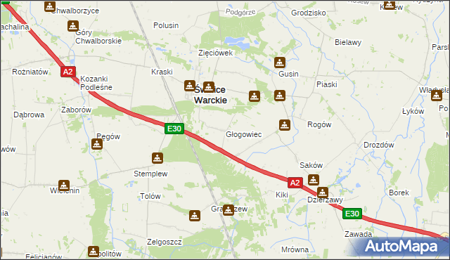 mapa Głogowiec gmina Świnice Warckie, Głogowiec gmina Świnice Warckie na mapie Targeo