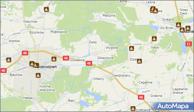 mapa Główczyce gmina Dobrodzień, Główczyce gmina Dobrodzień na mapie Targeo