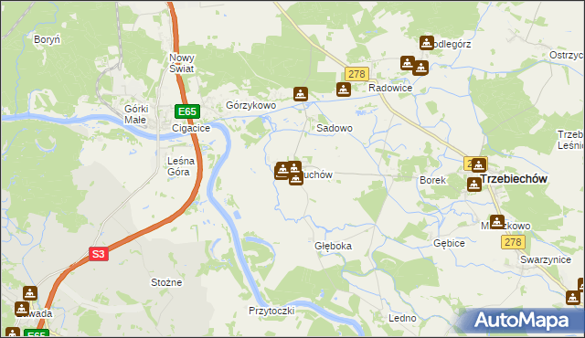 mapa Głuchów gmina Trzebiechów, Głuchów gmina Trzebiechów na mapie Targeo