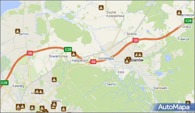 mapa Gorzebądz gmina Sianów, Gorzebądz gmina Sianów na mapie Targeo